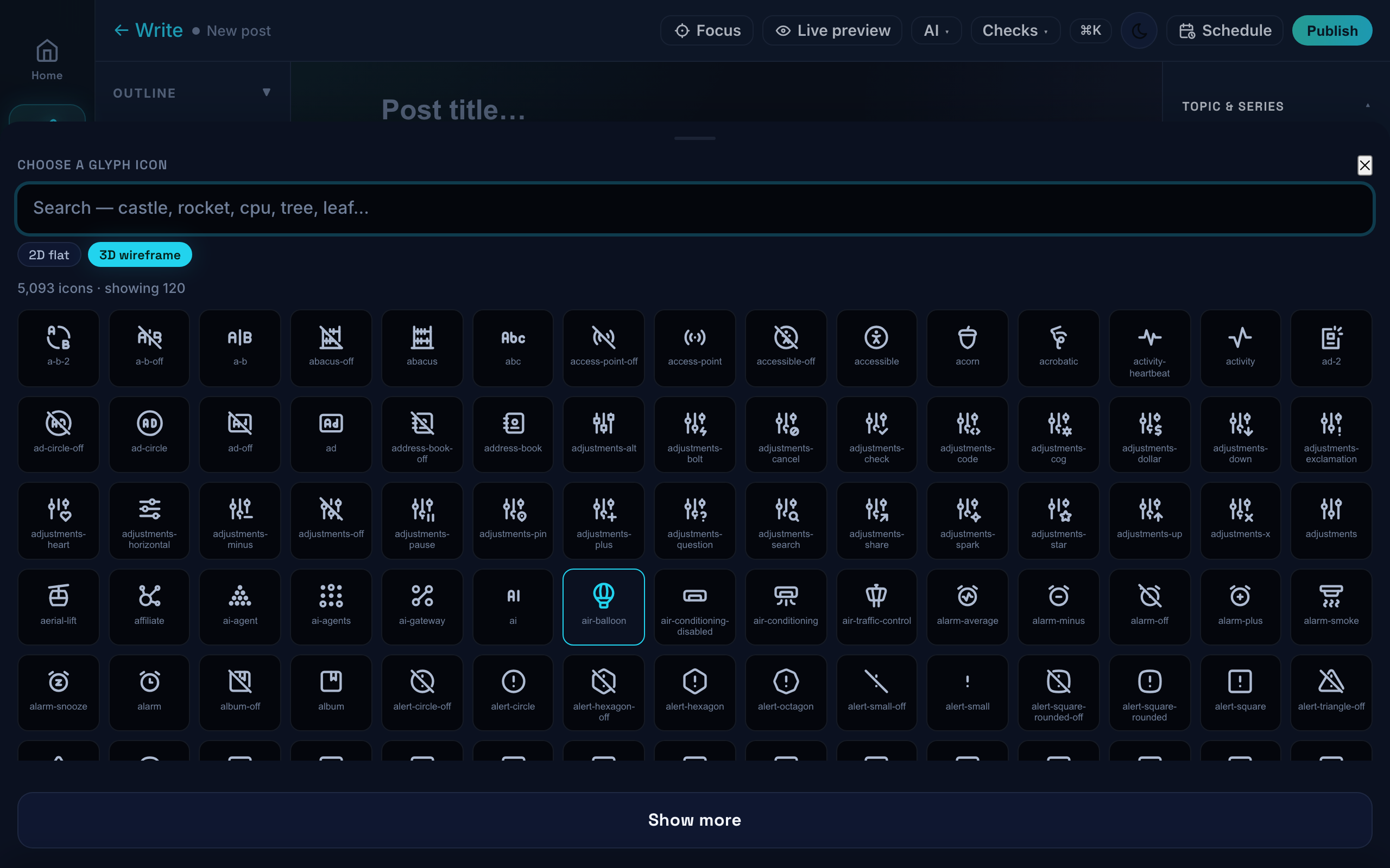 The glyph picker showing 5093 icons with a 2D flat and 3D wireframe toggle
