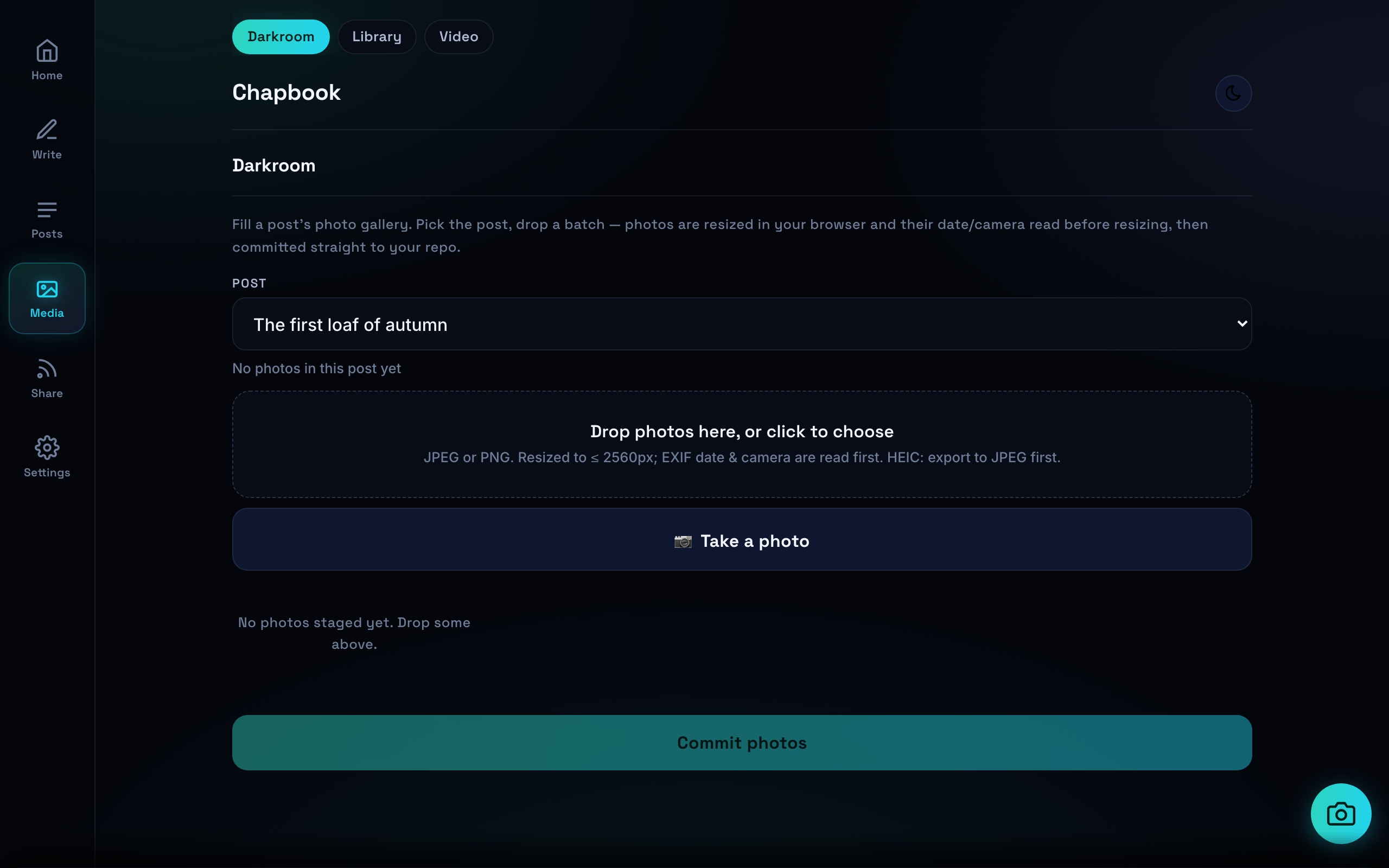 The Darkroom uploader: pick a post, drop a batch of photos, and commit them to your repo